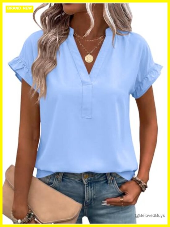 Tops - Womens Ruffle Short Sleeve V Neck Cotton Blouse Business Casual Summer Top